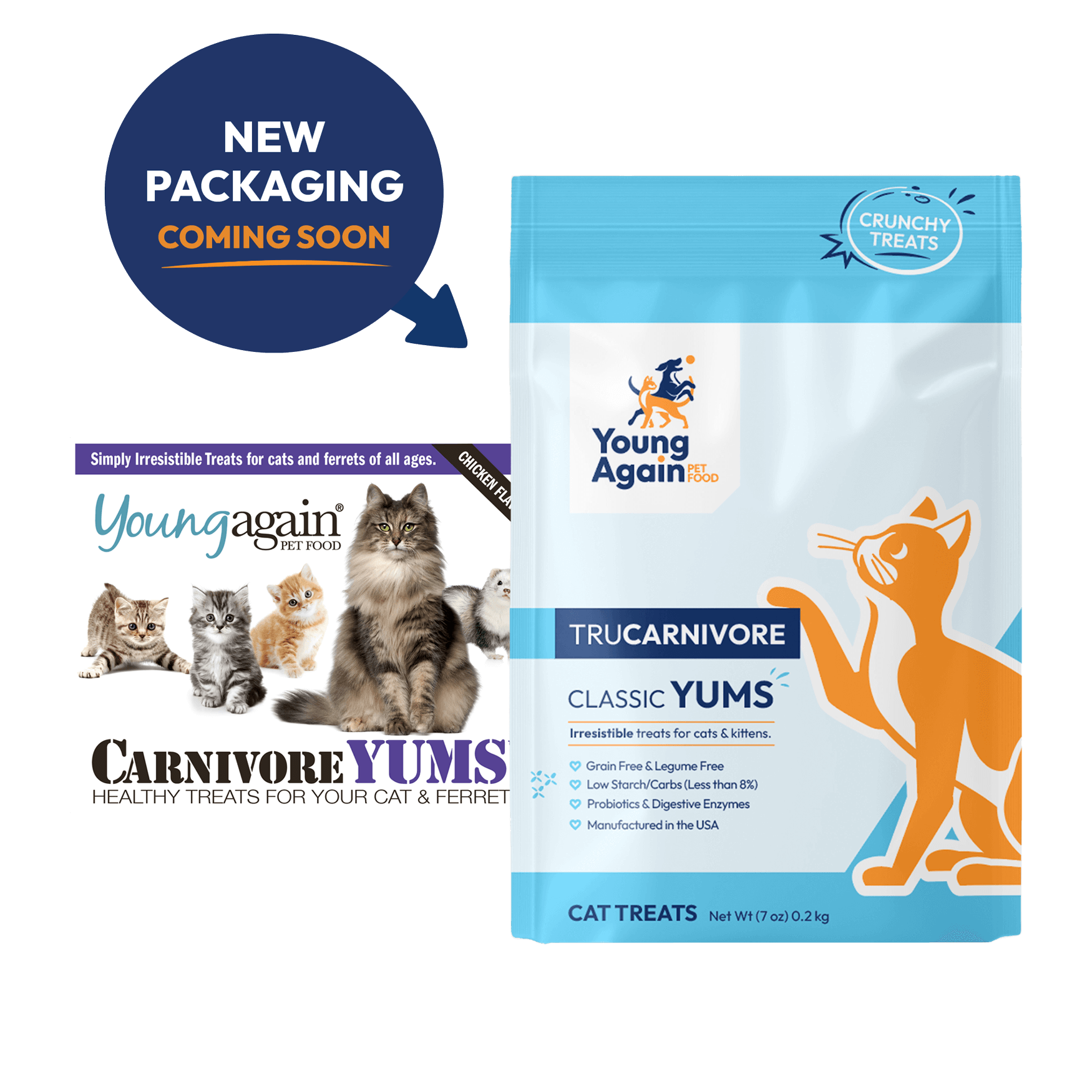 Young Again TruCarnivore Classic Yums Crunchy Cat Treats - Grain-Free and Legume-Free with Probiotics and Digestive Enzymes for Cats and Kittens, New Packaging Coming Soon