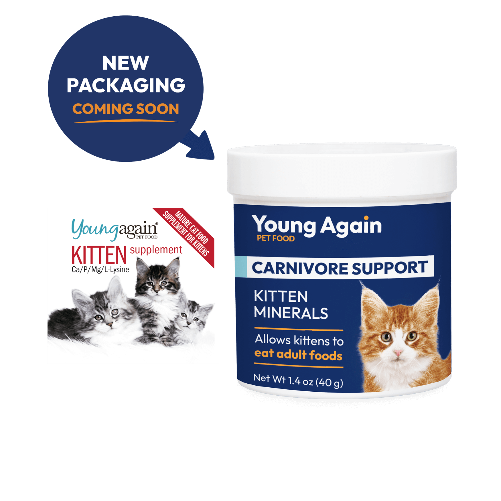 Young Again Carnivore Support Kitten Minerals Supplement with Ca/P/Mg/L-Lysine - Allows Kittens to Eat Adult Foods, New Packaging Coming Soon