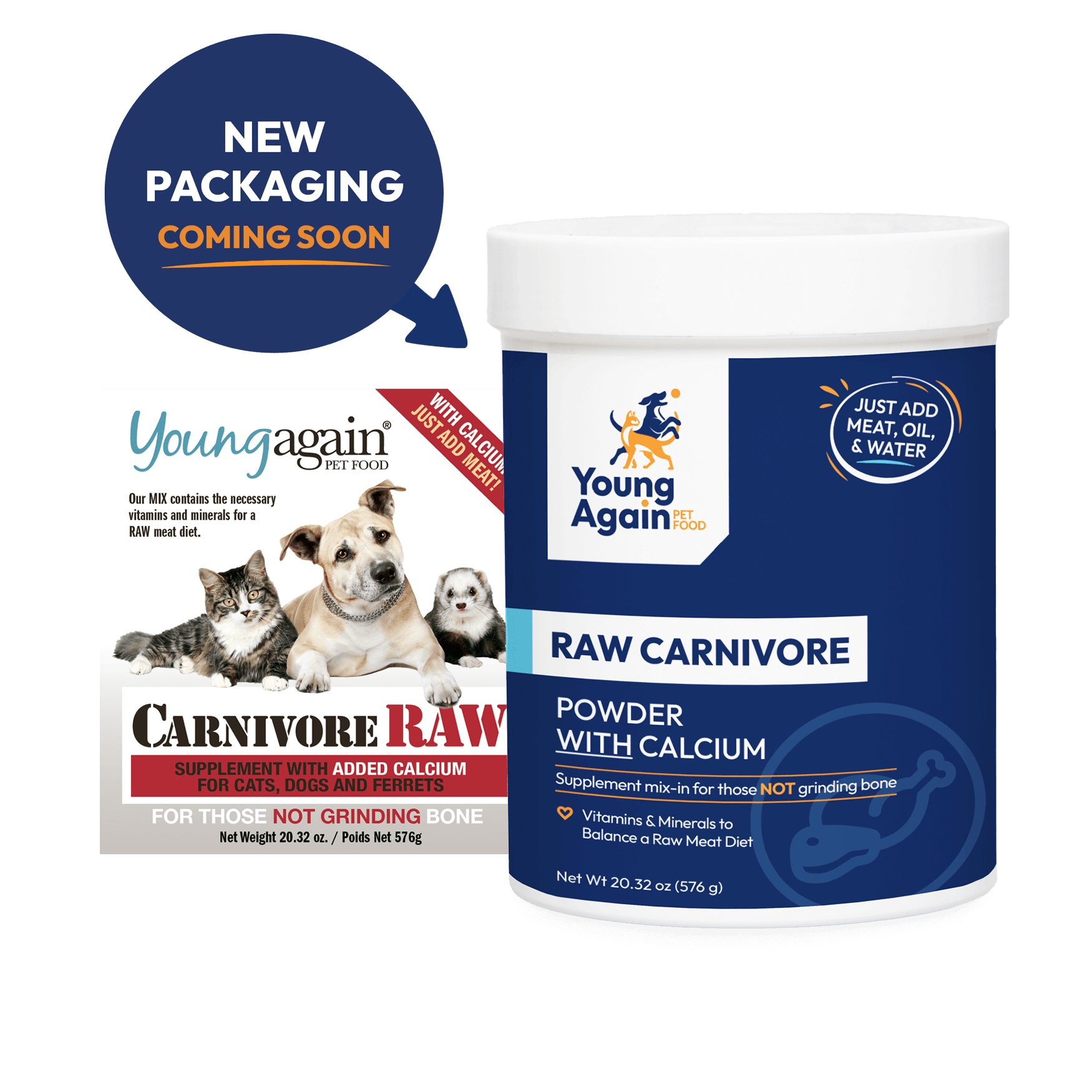 Young Again Raw Carnivore Powder with Calcium for Cats, Dogs and Ferrets - Vitamin and Mineral Supplement for Raw Meat Diet, New Packaging Coming Soon