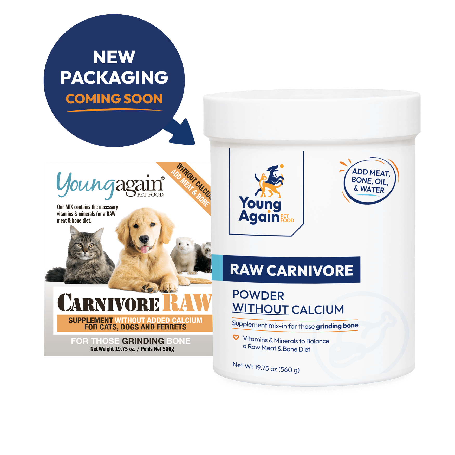 Young Again Raw Carnivore Powder without Calcium for Cats, Dogs and Ferrets - Vitamin and Mineral Supplement for Raw Meat and Bone Diet, New Packaging Coming Soon