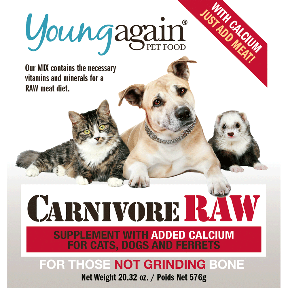 A cat, a dog, and a ferret sit together on a white background. The label reads “Young Again Pet Food, Carnivore Raw, supplement with added calcium for cats, dogs and ferrets.” Packages stress added calcium and raw diet.