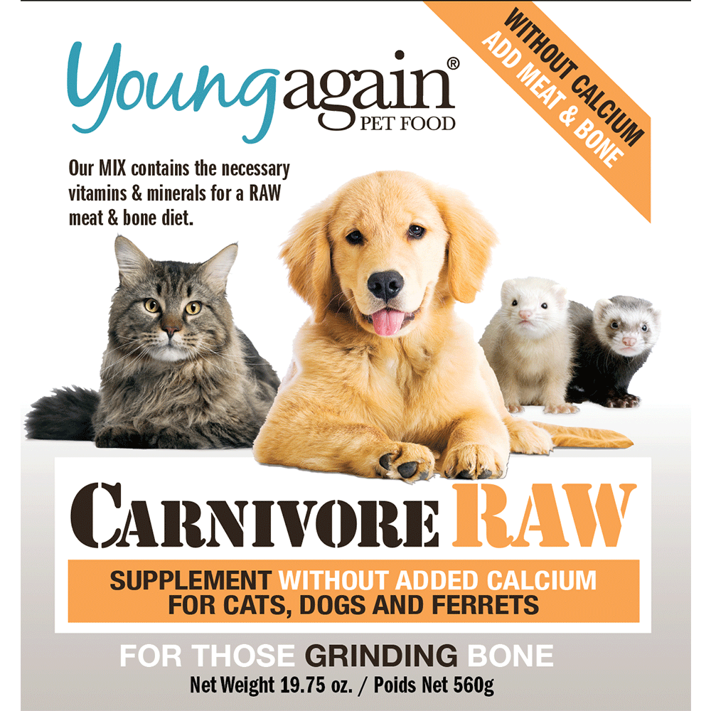 A cat, a golden retriever puppy, and two ferrets sit together above the text Carnivore RAW: Supplement Without Added Calcium for Cats, Dogs, and Ferrets on a Young Again Pet Food package.