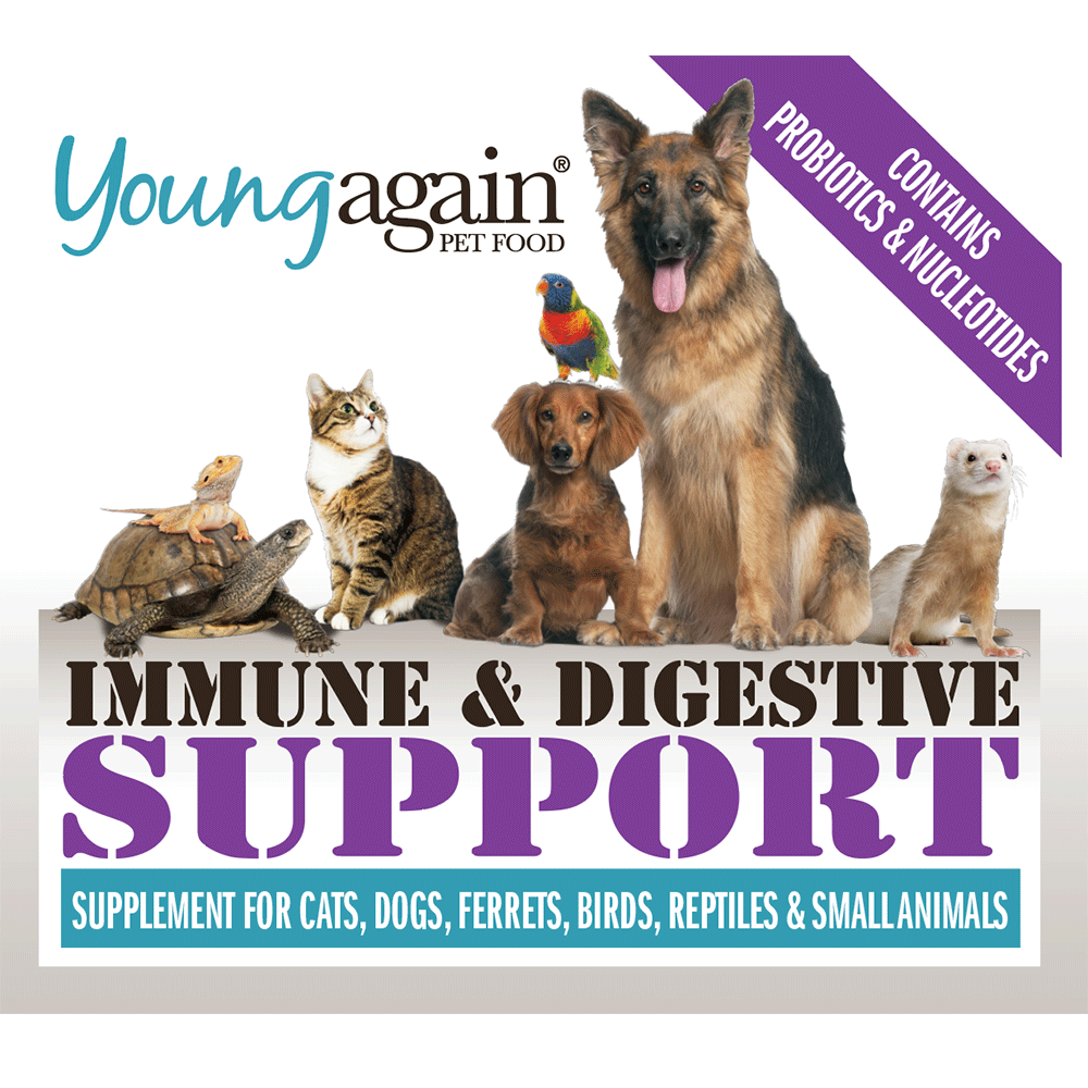 Young Again Pet Food Immune and digestive support supplement with probiotics nucleotides for cats dogs ferrets birds reptiles small animals